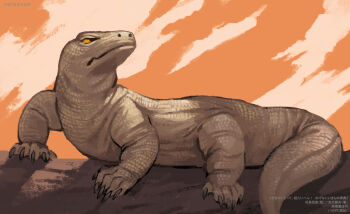 animal animal_focus encyclopedia_of_living_things highres komodo_dragon nishimawari_kouro no_humans official_art orange_background