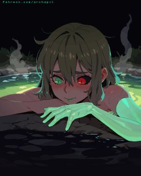 1girl archapxl asymmetrical_arms blonde_hair blush colored_sclera commentary glowing_arm green_arm green_eyes green_lips hades_(series) hades_2 heterochromia highres melinoe_(hades) mismatched_sclera nude onsen partially_submerged pixel_art red_eyes see-through_body short_hair solo steam water wet wet_hair