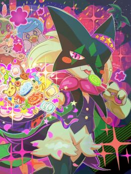 black_eyes blue_eyes blush blush_stickers candy candy_wrapper cape cookie eevee food fuecoco furry gen_1_pokemon green_fur green_hair happy hat highres holding holding_unworn_clothes holding_unworn_hat licking lollipop marshmallow mask meowscarada meowscarada_(halloween) nintendo one_eye_closed pikachu pink_eyes pokemon pokemon_(creature) pokemon_cafe_remix quaxly runachikku sprigatito standing star_(symbol) tongue tongue_out unworn_hat unworn_headwear