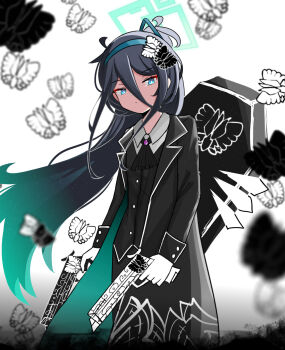 Rule 34 | 1girl, absurdres, alternate costume, aris (blue archive), ascot, black ascot, black butterfly, black coat, black hair, black suit, blue archive, blue hairband, brooch, bug, butterfly, butterfly hair ornament, coat, coffin, collared shirt, commentary, e.g.o (project moon), formal clothes, gem, gloves, gun, hair ornament, hairband, handgun, highres, holding, holding gun, holding weapon, insect, jewelry, lapels, library of ruina, long bangs, long coat, long hair, long sidelocks, looking at viewer, notched lapels, ponytail, project moon, purple gemstone, sari (zakura27502762), shirt, sidelocks, solemn lament (e.g.o), solo, suit, very long hair, weapon, white background, white butterfly, white gloves, white shirt