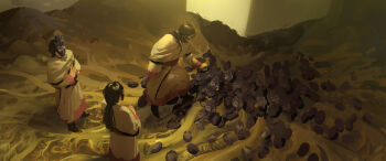 3boys absurdres beard black_hair cave_interior commentary english_commentary facial_hair highres ken_darmadi long_hair long_sleeves looking_down male_focus mask multiple_boys mustache original own_hands_together ponytail robe standing unworn_mask white_robe yellow_theme