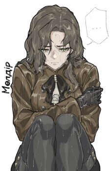 ... 1girl ascot black_boots black_bow black_bowtie black_gloves black_hair black_pants boots bow bowtie brown_jacket character_name closed_mouth crying crying_with_eyes_open feet_out_of_frame from_below gloves green_eyes hand_on_own_arm jacket jajimalgeol kazakh_text knees_up long_hair looking_down moldir_(reverse:1999) pants reverse:1999 solo speech_bubble spoken_ellipsis squatting streaming_tears tears thigh_boots wet wet_clothes wet_hair white_ascot white_background