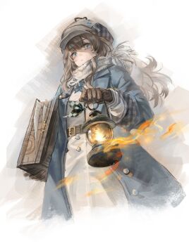 1girl absurdres belt blue_coat blue_eyes blue_neckerchief brown_belt brown_gloves brown_hair carrying carrying_under_arm coat cropped_torso dress fire from_below gloves grey_hat hashtag-only_commentary hat highres holding holding_lantern holding_suitcase lantern long_hair looking_ahead marcus_(reverse:1999) mole mole_under_eye neckerchief newsboy_cap reverse:1999 scarf solo suitcase upper_body white_background white_dress white_scarf yuha6666