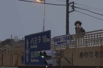 1girl backpack bag beret black_hair blunt_bangs blunt_ends braid bridge brown_sweater building double-parted_bangs ghost grey_sky hat highres japan kyora_san lamppost long_skirt looking_at_viewer no_lineart original outdoors pedestrian_bridge power_lines road_sign scenery sheet_ghost sidelocks sign skirt sky smile solo standing sweater traffic_light twin_braids utility_pole waving white_skirt