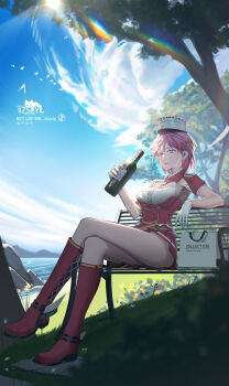 1girl absurdres armpit_cutout armpits bag belt_boots bench bird blue_sky boots bottle breasts clothing_cutout cloud crossed_legs epaulettes flower full_body giuseppe_garibaldi_(kancolle) gloves grass hat highres izsly kantai_collection knee_boots lace-up_boots medium_breasts mini_hat multicolored_hair neck_ribbon one-hour_drawing_challenge open_mouth parted_lips pink_eyes pink_hair red_boots red_shirt red_skirt ribbon rock shading shadow shako_cap shine shirt shopping_bag short_hair sitting skirt sky smile solo sun sun_flare sun_glare sunlight teeth tree upper_body upper_teeth_only water white_gloves white_hat white_shirt wine_bottle yellow_flower