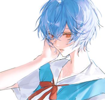 1girl aqua_vest ayanami_rei blue_hair collarbone hair_between_eyes hand_up inuo_(inuo_x) messy_hair neck_ribbon neon_genesis_evangelion parted_lips red_eyes red_ribbon ribbon shirt short_hair simple_background solo teeth upper_body vest white_background white_shirt