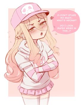 1boy absurdres anger_vein baseball_cap blonde_hair blush braid brikot closed_mouth commentary cowboy_shot crossdressing crossed_arms drawstring english_commentary english_text green_eyes half_up_braid hat highres hood hood_down hoodie layered_sleeves long_hair long_sleeves looking_at_viewer male_focus open_mouth original pink_hat pink_skirt riley_(brikot) short_over_long_sleeves short_sleeves skirt solo speech_bubble spoken_anger_vein standing striped_sleeves thighhighs trap white_hoodie white_thighhighs