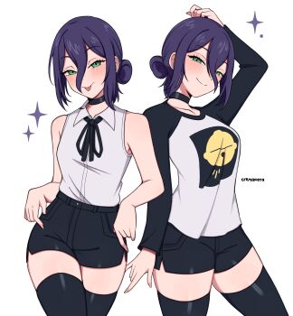 1girl absurdres bell black_choker black_hair black_ribbon blush chainsaw_man choker closed_mouth collared_shirt commentary cremanata green_eyes hair_between_eyes hair_bun highres looking_at_viewer neck_ribbon purple_hair reze_(chainsaw_man) ribbon shirt short_hair simple_background single_hair_bun sleeveless sleeveless_shirt smile solo tongue tongue_out white_shirt