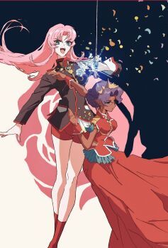 2girls absurdres aiguillette bike_shorts bindi black_jacket bloom_into_me15 blue_eyes dark-skinned_female dark_skin dress earrings epaulettes flower glasses glint green_eyes hair_intakes highres himemiya_anthy holding holding_sword holding_weapon jacket jewelry long_dress long_hair long_sleeves looking_at_viewer looking_down multicolored_background multiple_girls ootori_gakuen_school_uniform parted_bangs pink_hair purple_hair red_dress red_socks ring rose school_uniform short_hair shoujo_kakumei_utena single_earring single_epaulette sleeveless sleeveless_dress socks sword sword_of_dios tenjou_utena tiara weapon wrist_cuffs