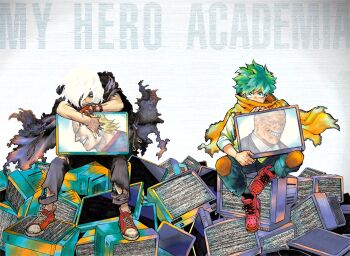 2boys all_for_one_(boku_no_hero_academia) all_might aqua_eyes arm_rest bare_arms belt black_belt black_pants black_socks blonde_hair blue_pants boku_no_hero_academia bright_pupils cape check_clothing clothing_request commentary copyright_name covered_mouth cracked_skin crt denim detexted english_commentary eyebrows_hidden_by_hair fingernails flat_screen_tv floating_cape freckles gradient_background green_hair hair_between_eyes hand_guard hands_up highres holding holding_television horikoshi_kouhei jeans leaning_forward looking_at_viewer male_focus midoriya_izuku multicolored_hair multiple_boys official_alternate_costume official_art pants pile pressing profile red_eyes red_footwear sanpaku scanlines scar scar_on_arm scar_on_face scar_on_hand screen shigaraki_tomura shirt shoes short_hair sitting sitting_on_object smile sneakers socks spoilers static streaked_hair television text_background third-party_edit third-party_source three-quarter_sleeves torn_cape torn_clothes torn_pants white_background white_hair white_pupils wide_shot wrinkled_skin yellow_cape