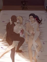 2boys 2girls absurdres barefoot bed black_nails blush breasts camera cheating_(relationship) commission completely_nude condom cum cum_overflow dark-skinned_male dark_skin fingernails from_above full_body gojou_wakana grabbing_another&#039;s_ass group_sex handjob hetero highres kitagawa_marin long_hair medium_breasts multiple_boys multiple_girls nail_polish netorare netorase nude orgy penis pixiv_commission rea_loixacra recording sex sono_bisque_doll_wa_koi_wo_suru spread_legs sugaya_nowa toenail_polish toenails toes toned toned_male used_condom