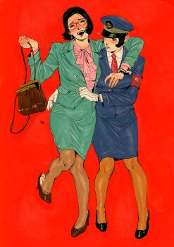 2girls absurdres blue_hat blue_jacket blue_skirt breasts drunk glasses green_jacket green_skirt hat highres jacket multiple_girls myojo_0120 necktie original pink_shirt police police_uniform policewoman red_background red_necktie shirt skirt white_background