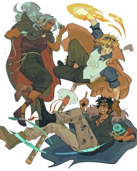 1girl 2boys ascot black_cloak black_hair black_shirt blonde_hair blue_coat boots chest_tattoo cloak coat commentary dark-skinned_female dark-skinned_male dark_skin devil_fruit_power earrings english_commentary facial_hair feathers fire frances_(t0birooo) full_body fur-trimmed_coat fur_trim glasses goatee_stubble goggles goggles_on_head hand_tattoo highres holding holding_feather jewelry lead_pipe long_hair multiple_boys nefertari_vivi one_piece ponytail pyrokinesis scabbard sheath shirt short_hair simple_background spotted_pants stubble sword tattoo vest weapon white_ascot white_background white_vest