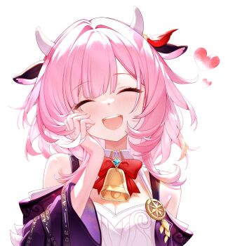 1girl absurdres animal_ears breasts chinese_commentary coat commentary_request cow_ears cow_horns cowboy_shot cyrene_(aedes_elysiae)_(honkai:_star_rail) cyrene_(honkai:_star_rail) dress fake_animal_ears fake_horns heart highres honkai:_star_rail honkai_(series) horns kaerbin multicolored_hair open_mouth pink_hair purple_coat short_hair simple_background small_breasts smile solo teeth two-tone_hair upper_teeth_only white_background white_dress white_hair