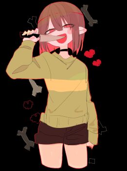 1other androgynous black_background black_collar bone brown_hair brown_shorts chara_(undertale) collar green_sweater half-closed_eyes heart highres holding holding_knife knife looking_at_viewer open_mouth red_eyes shorts smile sweater undertale usa37107692 utdr_(toby_fox)