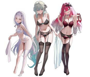 3girls absurdres baobhan_sith_(fate) bare_shoulders black_bow black_bra black_panties black_thighhighs blue_eyes blush bow bra braid breasts choker cleavage commentary_request earrings fate/grand_order fate_(series) forked_eyebrows full_body garter_belt grey_eyes grey_hair hair_bow highres jewelry lace lace-trimmed_bra lace-trimmed_garter_belt lace-trimmed_panties lace_trim large_breasts long_hair looking_at_viewer melusine_(fate) mishiro_(ixtlolton) morgan_le_fay_(fate) multiple_girls navel open_mouth panties pink_hair pointy_ears ponytail red_nails shirt shoes sidelocks simple_background small_breasts smile standing thighhighs tiara underwear underwear_only unworn_shirt very_long_hair white_background white_bra white_hair white_panties white_shirt white_thighhighs yellow_eyes