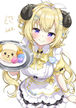 1girl absurdres ahoge blonde_hair blush bow bowtie commentary_request cowboy_shot dress food from_above hair_ornament hairclip highres holding holding_tray hololive horns long_hair looking_at_viewer macaron parallel_hairclips puff_of_air purple_eyes rinkaa_(lovelive765pro2) sheep_girl sheep_horns short_sleeves simple_background smile solo tray tsunomaki_watame twintails virtual_youtuber waitress watamate white_background wrist_cuffs x_hair_ornament yellow_bow yellow_bowtie