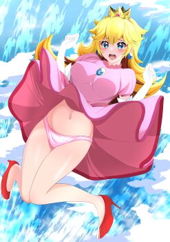 Rule 34 | 1girl, absurdres, bare legs, blonde hair, blue eyes, breasts, clothes lift, crown, dress, dress lift, earrings, full body, gloves, high heels, highres, jewelry, kisaragi setsu (mssk8485), knees together feet apart, legs apart, long hair, mario (series), nintendo, no socks, panties, pink dress, pink panties, princess peach, small breasts, solo, super mario bros. 1, underwear, white gloves, wind, wind lift