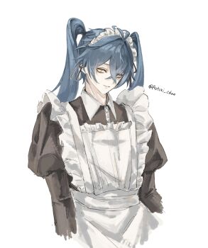Rule 34 | 1boy, absurdres, alternate costume, alternate hairstyle, aotori chan, apron, black dress, blue hair, collared dress, commentary request, cropped legs, crossdressing, crossdressing (mtf), crossed bangs, double-parted bangs, dress, enmaided, flins (genshin impact), frilled apron, frills, genshin impact, hair up, highres, juliet sleeves, long hair, long sleeves, looking to the side, maid, maid apron, maid headdress, male focus, male maid, puffy sleeves, sideways glance, simple background, solo, twitter username, white apron, white background, wing collar, yellow eyes