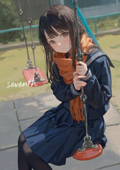 1girl absurdres akipeko black_hair black_pantyhose blue_shirt blue_skirt blunt_bangs blurry blurry_background brown_eyes commentary_request highres long_hair long_sleeves looking_at_viewer on_swing orange_scarf original pantyhose pleated_skirt scarf school_uniform shirt skirt smile solo swing swing_set