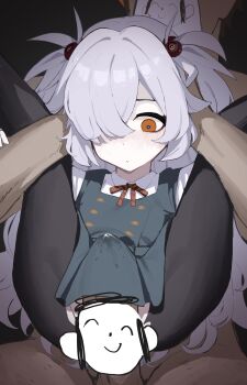 1boy 1girl absurdres age_difference black_background black_pantyhose blue_archive blush closed_mouth clothed_female_nude_male doodle_sensei_(blue_archive) erection full_nelson green_skirt green_vest hair_over_one_eye highres kanoe_(blue_archive) legs_up loli long_hair mirumiruchan nude orange_eyes pantyhose penis precum ribbon school_uniform sensei_(blue_archive) shirt simple_background skirt torn_clothes torn_pantyhose vest white_hair white_shirt