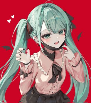 1girl adjusting_mask alternate_costume aqua_eyes asymmetrical_bangs black_nails blouse buttons claw_pose collared_shirt corrupted_twitter_file detached_wings facial_mark frilled_shirt frills hands_up hatsune_miku heart heart_facial_mark highres jewelry long_bangs looking_at_viewer mark_under_eye mask mouth_mask piercing pink_shirt red_background ring s_im7u shirt simple_background solo unfinished upper_body vampire_(vocaloid) vocaloid wings