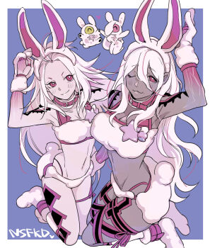 2girls :3 absurdres ai_the_somnium_files ai_the_somnium_files:_nirvana_initiative aiba_(ai_the_somnium_files) animal_ear_hairband animal_ears bikini border breasts bright_pupils cleavage collar commentary_request cosplay dark-skinned_female dark_skin fake_animal_ears fake_tail hairband hand_up highres kneeling large_breasts limited_palette long_hair multiple_girls no_sleep_for_kaname_date_-_from_ai:_the_somnium_files one_eye_closed ookutsuwa_waga outside_border pink_collar purple_background rabbit_ears rabbit_tail sagan_iris sagan_iris_(cosplay) smile star_(symbol) swimsuit tail tama_(ai_the_somnium_files) thigh_strap white_bikini white_border white_pupils