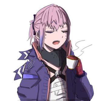 1girl android bandana closed_eyes coat coffee coffee_mug cup drink girls&#039;_frontline holding holding_cup humanoid_robot jacket kazuhito_(pixiv_26697978) mask mug multicolored_jacket open_mouth print_bandana print_collar print_mask robot robot_girl st_ar-15_(girls&#039;_frontline) st_ar-15_(mod3)_(girls&#039;_frontline)