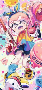1girl @_@ amezawa_koma arm_up asymmetrical_legwear autobomb_(splatoon) black_shorts blue_hairband blue_ribbon blue_shirt blue_socks blush bow_hairband collared_shirt commentary_request confetti crocs dolphin_shorts fangs flat_chest full_body grey_eyes hair_ribbon hairband highres holding holding_weapon inkling inkling_girl inkling_player_character long_sleeves midriff_peek mismatched_legwear multicolored_shirt n-zap_(splatoon) nintendo open_mouth outline pink_hair pink_shirt pink_socks ribbon shirt shoes short_hair short_twintails shorts sidelocks single_sleeve_past_fingers socks solo splatoon_(series) splatoon_3 suction_cups super_chump_(splatoon) tentacle_hair thick_eyebrows twintails watermark weapon white_outline yellow_shirt yellow_shoes