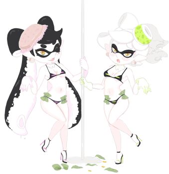 2girls bikini black_bikini black_hair breasts callie_(splatoon) collar cousins dancing detached_collar earrings embarrassed eyelashes fangs female_focus gloves green_bikini green_footwear green_gloves hands_up high_heels highres hoshime inkling jewelry knee_up loli long_hair looking_at_viewer marie_(splatoon) mole mole_under_eye money monochrome multicolored_bikini multicolored_hair multiple_girls naughty_face navel nintendo open_mouth pink_bikini pink_footwear pink_gloves pointy_ears pole_dancing short_hair simple_background sletch small_breasts smile splatoon_(series) standing standing_on_one_leg swimsuit tagme teeth tentacle_hair thick_eyebrows tucked_money two-tone_bikini two-tone_hair upper_teeth_only white_background white_collar white_hair yellow_eyes