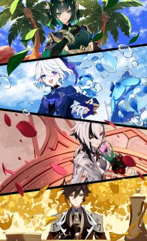 1boy 3girls absurdres arlecchino_(genshin_impact) black_dress black_eyes black_gloves black_hair black_sleeves blue_eyes blue_hair breasts brown_eyes brown_gloves brown_hair brown_jacket cha_hanare closed_mouth dress earrings facial_mark flower furina_(genshin_impact) genshin_impact gentilhomme_usher gloves gold_trim green_eyes green_hair grey_jacket hair_between_eyes hat heterochromia highres holding holding_flower jacket jewelry leaf long_hair long_sleeves mademoiselle_crabaletta medium_hair multicolored_hair multiple_girls nefer_(genshin_impact) official_art open_mouth red_pupils second-party_source short_hair single_earring smile streaked_hair surintendante_chevalmarin symbol-shaped_pupils white_gloves white_hair x-shaped_pupils zhongli_(genshin_impact)