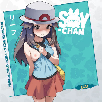 1girl artist_name bag blue_background blue_shirt blush border breasts brown_eyes brown_hair character_name closed_mouth clothes_pull dot_nose embarrassed hair_flaps hat leaf_(pokemon) looking_down nintendo nipples one_breast_out patreon_username pokemon pokemon_frlg presenting_breasts pulling_own_clothes red_skirt shirt shoulder_bag skirt sleeveless sleeveless_shirt small_breasts solo soy-chan standing translation_request twitter_username white_border white_hat wristband