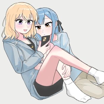 2girls baiyupiao bang_dream! bang_dream!_it's_mygo!!!!! black_ribbon black_skirt blonde_hair blue_hair blue_hoodie blue_shirt blush cellphone closed_mouth commentary grey_background hair_ribbon hand_on_another's_leg hashtag-only_commentary highres holding holding_phone hood hoodie jewelry long_hair medium_hair misumi_uika multiple_girls necklace open_mouth phone purple_eyes ribbon shirt simple_background skirt smartphone smile socks togawa_sakiko two_side_up white_socks yellow_eyes yuri