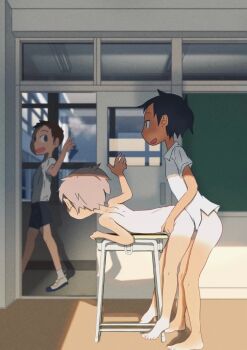 3boys barefoot bottomless casual_sex classroom desk feet from_side hands_on_another&#039;s_waist highres kodomo_doushi male_focus multiple_boys nude open_mouth original otetekoten penis profile public_indecency school_desk sex sex_from_behind shirt short_hair short_sleeves shorts shota sliding_doors tan tanline very_short_hair walking waving webp-to-png_conversion white_shirt window yaoi zenra