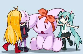 Rule 34 | 3girls, black thighhighs, blonde hair, blue background, closed mouth, commentary request, hatsune miku, long hair, multiple girls, no nose, oversized object, peru co, pleated skirt, purple hair, purple thighhighs, ribbed thighhighs, skirt, sparkle, stuffed animal, stuffed rabbit, stuffed toy, thighhighs, tsurumaki maki, twintails, very long hair, vocaloid, voiceroid, yuzuki yukari