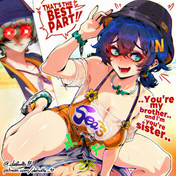 1boy 1girl absurdres aqua_eyes belle_(summer_skies)_(zenless_zone_zero) belle_(zenless_zone_zero) bikini black_hat black_nails blue_hair breasts brother_and_sister bulge defaultz earrings english_text girl_on_top glowing glowing_eyes hair_ornament hat highres jewelry letter_hair_ornament nail_polish navel open_mouth orange_bikini orange_shorts patreon_username see-through_cleavage see-through_clothes see-through_shirt shirt short_shorts shorts siblings smile speech_bubble sweat swimsuit toenail_polish toenails twitter_username wise_(soaring_crane)_(zenless_zone_zero) wise_(zenless_zone_zero) zenless_zone_zero