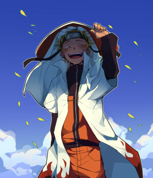 1boy ^_^ anah_41 blonde_hair blue_sky closed_eyes cloud commentary crying english_commentary facial_mark forehead_protector hat highres jacket konohagakure_symbol layered_sleeves long_sleeves male_focus naruto_(series) open_clothes open_jacket open_mouth orange_jacket orange_pants pants short_hair short_over_long_sleeves short_sleeves sky solo uzumaki_naruto whisker_markings white_jacket