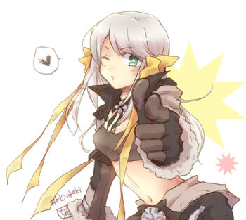 Rule 34 | 1girl, black gloves, black jacket, black pants, blush, bow, breasts, chiya (beastbeast), commentary request, crop top, finger gun, gloves, green eyes, grey hair, grey tank top, gunslinger (ragnarok online), hair bow, heart, jacket, long hair, medium breasts, midriff, navel, open clothes, open jacket, pants, ragnarok online, simple background, solo, spoken heart, tank top, white background, yellow bow