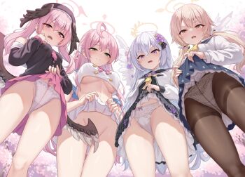 4girls ahoge angel_wings azusa_(blue_archive) bare_shoulders beret black_dress black_sailor_collar black_shirt black_wings blue_archive blue_sailor_collar blue_skirt blush bow bow_panties bowtie braid breasts brown_eyes brown_hair brown_pantyhose buttons closed_mouth clothes_lift commentary_request crop_top crop_top_overhang cropped_shirt crossed_bangs crotch_seam disgust double-breasted dress feathered_wings flower from_below glaring gluteal_fold green_eyes grimace group_picture hair_between_eyes hair_bow hair_flower hair_ornament hair_ribbon halo hanako_(blue_archive) hat head_wings hifumi_(blue_archive) highres iya_na_kao_sare_nagara_opantsu_misete_moraitai jacket koharu_(blue_archive) lace lace_panties large_breasts lifting_own_clothes lineup long_hair long_sleeves looking_at_viewer looking_down low_twintails low_wings make-up_work_club_(blue_archive) milkshakework miniskirt multi-strapped_panties multiple_girls neckerchief no_panties off_shoulder open_clothes open_jacket open_mouth panties panties_under_pantyhose pantyhose petticoat pink_bow pink_eyes pink_hair pink_neckerchief pink_skirt pleated_skirt polka_dot polka_dot_panties purple_eyes ribbon sailor_collar scowl shirt short_sleeves side_braid skirt skirt_lift sleeve_cuffs small_breasts smile thigh_gap thighband_pantyhose thighs twintails underboob underwear upskirt white_hair white_jacket white_panties white_sailor_collar white_shirt white_skirt white_wings wing_censor wing_hair_ornament wings yellow_bow yellow_neckerchief