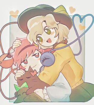 Rule 34 | 2girls, 333kyanako, :3, :d, bird, black hairband, black headwear, blouse, blue shirt, blush stickers, bright pupils, cat, closed mouth, commentary, dot nose, frilled shirt collar, frilled sleeves, frills, green eyes, green hair, green skirt, hair ornament, hairband, hand on another's head, happy, hat, hat ribbon, heads together, heart, heart hair ornament, heart of string, highres, hug, hug from behind, jitome, kaenbyou rin, kaenbyou rin (cat), komeiji koishi, komeiji satori, long sleeves, looking at another, multiple girls, open mouth, pink eyes, pink hair, reiuji utsuho, reiuji utsuho (bird), ribbon, shirt, short hair, siblings, simple background, sisters, skirt, smile, tareme, third eye, touhou, white pupils, yellow ribbon, yellow shirt