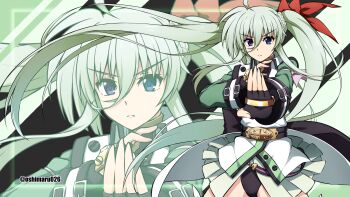 Rule 34 | 1girl, black gloves, black leotard, blush, closed mouth, einhard stratos, fingerless gloves, gloves, green hair, hair ribbon, heterochromia, highres, leotard, long hair, lyrical nanoha, magical girl, mahou shoujo lyrical nanoha vivid, oshimaru026, ribbon, side ponytail, signature, solo