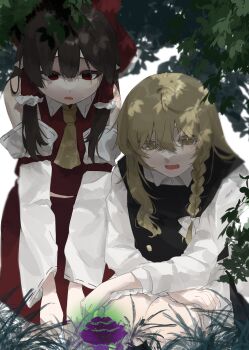 2girls absurdres ascot black_skirt black_vest blonde_hair bow braid brown_hair collared_shirt commentary_request detached_sleeves frilled_bow frilled_hair_tubes frilled_skirt frills grass hair_bow hair_tubes hakurei_reimu highres kirisame_marisa long_hair long_sleeves momomo_twi multiple_girls mushroom no_headwear open_mouth red_bow red_eyes red_skirt shirt side_braid single_braid skirt skirt_set smile squatting touhou vest white_bow white_shirt yellow_eyes