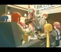 1boy 6+girls absurdres ahoge banner black_hoodie blonde_hair blue_hair bocchi_the_rock! cellphone cherry_tomato commentary_request denim dog egg electric_guitar fake_facial_hair fake_mustache family father_and_daughter food gibson_brands_inc gibson_les_paul glowstick gotoh_futari gotoh_hitori gotoh_michiyo gotoh_naoki guitar hair_bun hair_ornament hat headband highres holding holding_plectrum hood hoodie ijichi_nijika instrument jacket jeans jimihen kita_ikuyo long_hair long_sleeves mother_and_daughter multiple_girls open_mouth pants party party_hat phone pink_hair pink_jacket pink_track_suit pizza plectrum red_hair salad shiba_inu shirasuke_0822 short_hair siblings side_ahoge side_ponytail sidelocks sisters slice_of_life smile star-shaped_eyewear star_(symbol) sunglasses tomato track_jacket track_suit yamada_ryo yamaha_pacifica