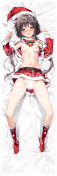1girl absurdres aroused bed_sheet bell breasts brown_hair censored commentary_request dakimakura_(medium) detached_sleeves dress full_body gluteal_fold green_eyes hat heart heart-shaped_pupils highres karory long_hair looking_at_viewer lying navel neck_bell nipples on_back on_bed open_mouth original panties panty_pull red_dress red_panties sample_watermark santa_costume santa_hat sheet_grab sidelocks small_breasts smile solo symbol-shaped_pupils underwear watermark