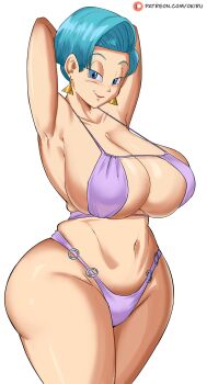 1girl bikini blue_eyes blue_hair blush breasts bulma dragonball_z female_focus huge_breasts lipstick makeup medium_hair panarandom red_lips simple_background solo solo_focus swimsuit white_background