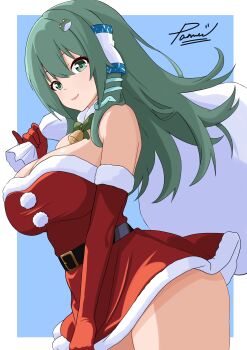Rule 34 | absurdres, belt, blue background, border, breasts, closed mouth, clothes pull, commentary request, detached collar, dress, dress pull, elbow gloves, frog hair ornament, gloves, green eyes, green hair, hair ornament, highres, holding, holding sack, kochiya sanae, large breasts, long hair, looking at viewer, pamu art, red dress, red gloves, sack, santa costume, santa dress, sidelocks, simple background, smile, snake hair ornament, standing, thick thighs, thighs, touhou, white border