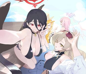 1boy 4girls absurdres bikini black_bikini black_wings blue_archive breasts brown-tinted_eyewear dokshuri doodle_sensei_(blue_archive) eyewear_on_head feathered_wings hair_between_eyes halo hasumi_(blue_archive) hasumi_(swimsuit)_(blue_archive) highres huge_breasts long_hair_between_eyes looking_at_viewer mika_(blue_archive) mika_(swimsuit)_(blue_archive) mole mole_under_eye multiple_girls nagisa_(blue_archive) nagisa_(swimsuit)_(blue_archive) official_alternate_costume one-piece_swimsuit seia_(blue_archive) seia_(swimsuit)_(blue_archive) selfie sensei_(blue_archive) swimsuit tinted_eyewear v white_one-piece_swimsuit white_wings wings