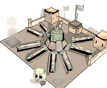 1girl among_us biohazard_symbol black_eyes bread_forbidden building ceres_fauna ceres_fauna_(jirai_kei) chibi command_&amp;_conquer command_&amp;_conquer:_generals controller crewmate_(among_us) english_text flag global_liberation_army green_hair hololive hololive_english looking_at_viewer looking_up push-button remote_control scud_missile scud_storm simple_background smoke solo v-shaped_eyebrows virtual_youtuber white_background