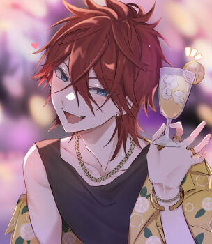 1boy absurdres amagi_rinne black_tank_top blue_eyes chain chain_necklace cocktail_glass cup drinking_glass ensemble_stars! head_tilt highres holding holding_cup jacket jewelry looking_at_viewer male_focus necklace open_mouth red_hair shirt_partially_removed smile solo sushi_171 tank_top teeth yellow_jacket
