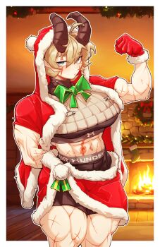 1girl abs arm_behind_back biceps black_shorts blonde_hair blue_eyes breasts brick chimney christmas_stocking christmas_wreath commentary english_commentary epakim fire fireplace flexing floor frown fur_trim gloves green_ribbon hat highres hood horns lamia_(epakim) large_breasts log mole mole_under_eye muscular muscular_female neck_ribbon original red_gloves ribbon santa_costume santa_hat scar scar_across_eye scar_on_arm scar_on_face scar_on_leg scar_on_stomach shorts solo turtleneck wooden_floor wooden_wall wreath